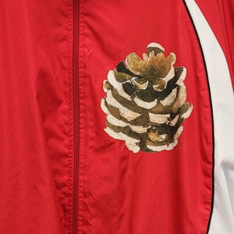 Hand Printed Upcycled Mens XL Woody Pine Cone Long Sleeve Full Zip Jacket