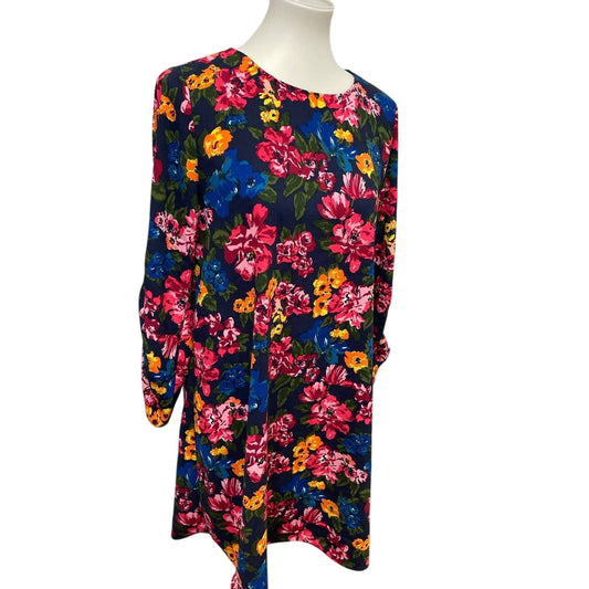 Halogen Womens Small Long Ruched Sleeve Polyester Floral Midi Shift Dress