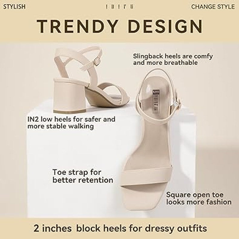 Idifu Womens Size 7 Tan Nude 3" Block Heel Open Toe Ankle Strap Sandal Shoes