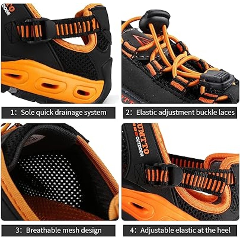 New Humtto Mens Size 9-9.5 Black Orange Amphibious Hiking Water Sandlas Shoes