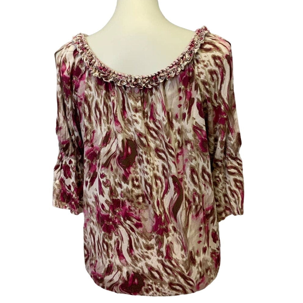 Allen B Womens Medium Cold Open Shoulder Boho Animal Print Lightweight Blouse