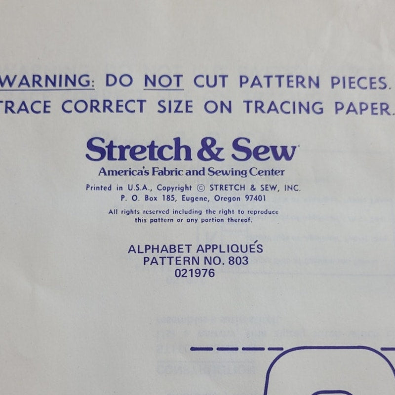 Vintage 1976 Stretch & Sew 803 Alphabet Appliques Pattern Letters & Numbers Only
