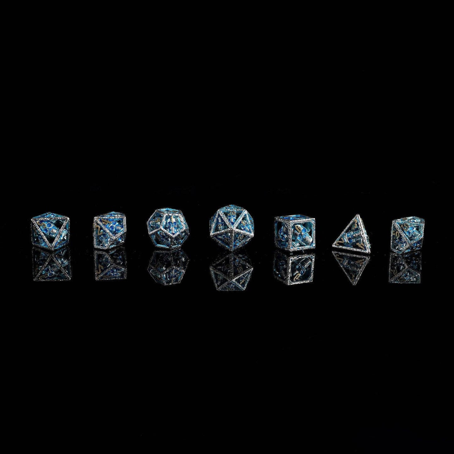 Skull's Grin Hollow Metal Dice Set - Glow in the Dark Blue