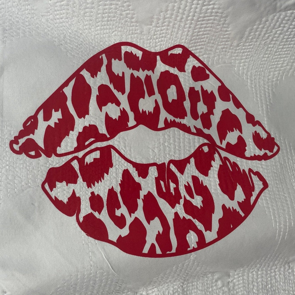 Hand Printed Upcycled Valentine Leopard Spot Kiss Lips King Size Pillow Sham