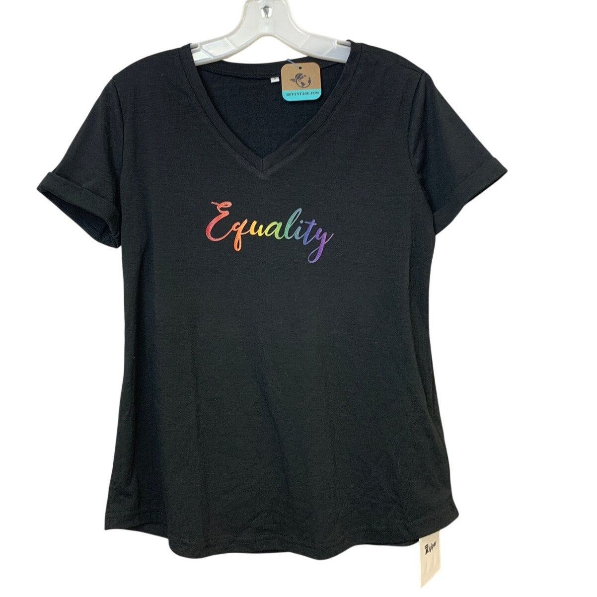 New Hand Printed Womens Small Black Equality Rainbow Pride VNeck Tee Shirt