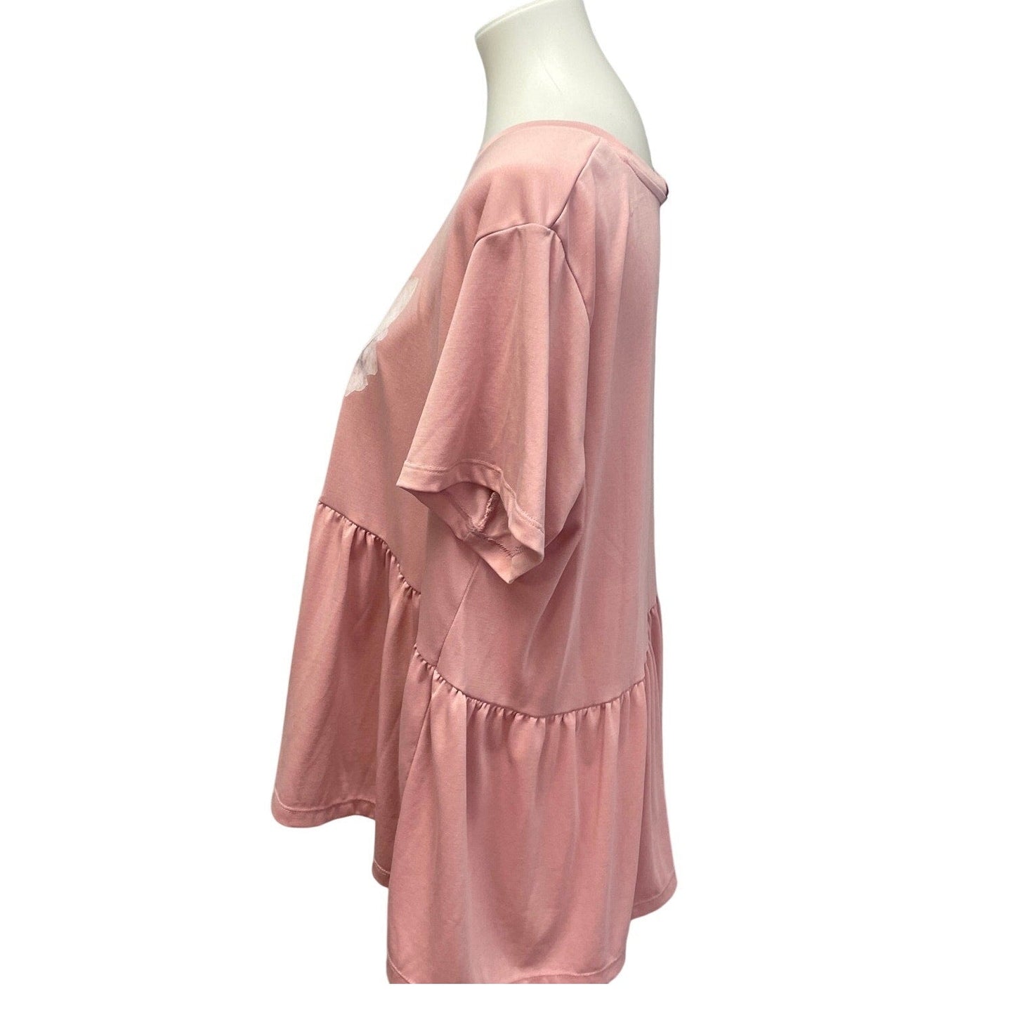 Hand Printed XL Upcycled Watercolor Rose Flower Short Sleeve Ruffled Blouse
