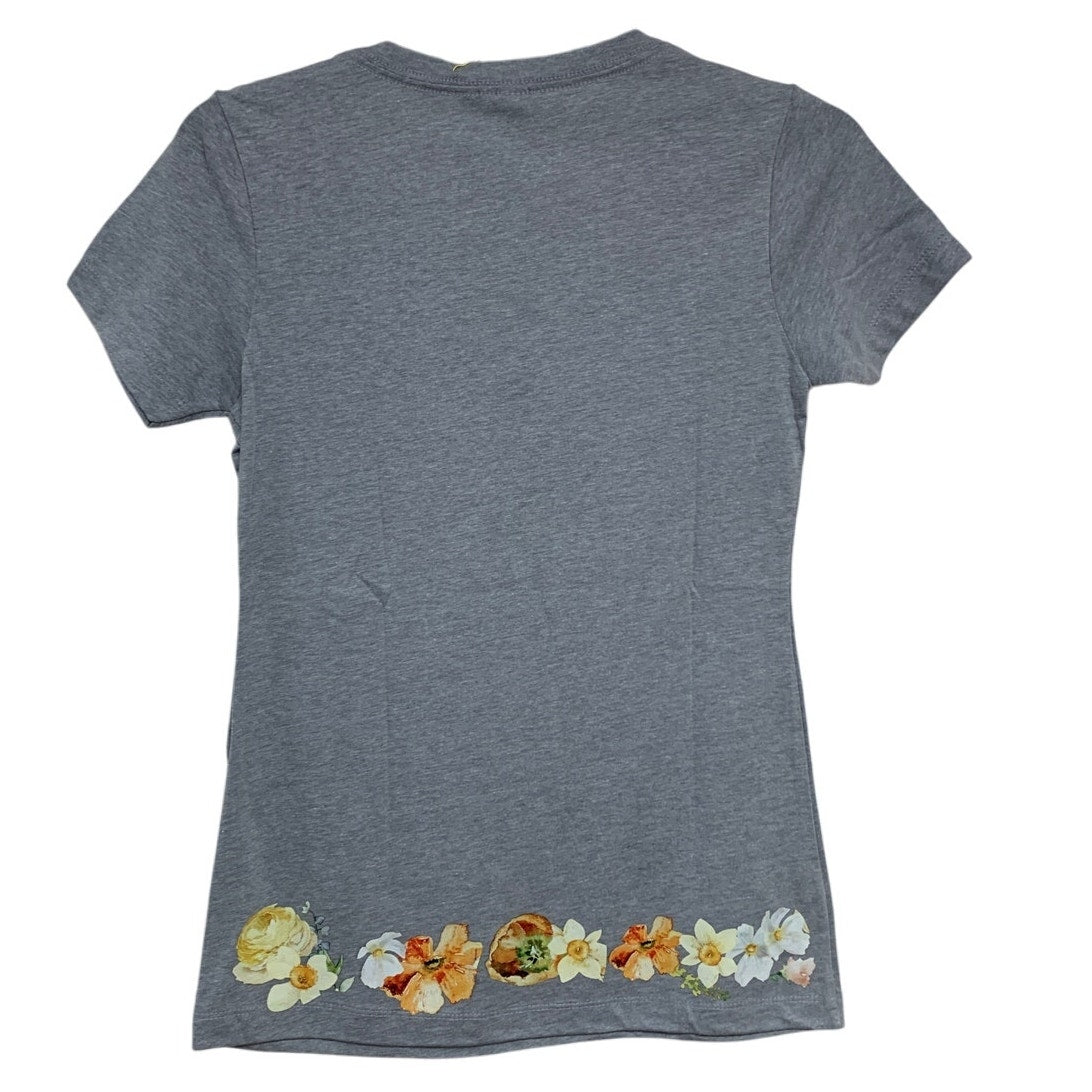New Hand Printed Small Heathered Gray Floral Wrap Around Short Sleeve Tee Shirt