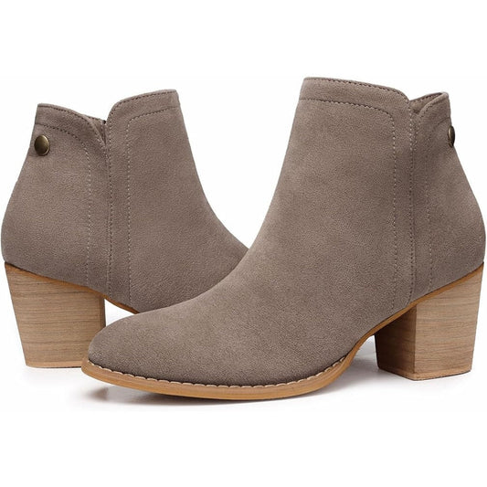 Shibever Womens Size 6 Tan Faux Suede Side Zip 2.5" Heel Ankle Boots Booties