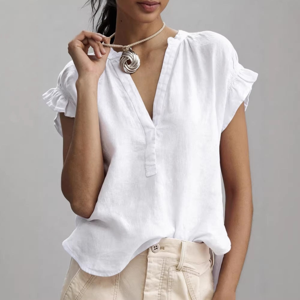 V-Neck Petal Sleeve Cotton-Linen Solid Top – 4 Colors, S–2XL