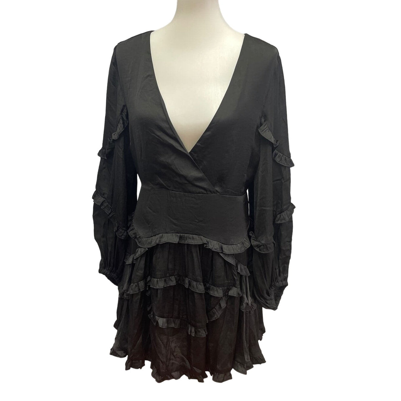 New DB Studio Womens Large Long Sleeve Deep V Ruffled Goth Mini Formal Dress