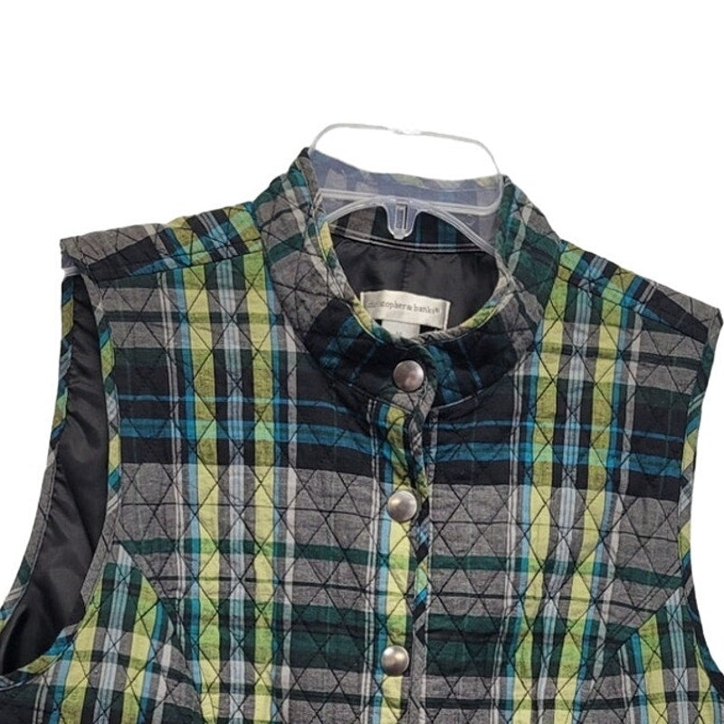 Christopher & Banks Womens Medium PolyCotton Plaid Snap Up Vest w Front Pockets