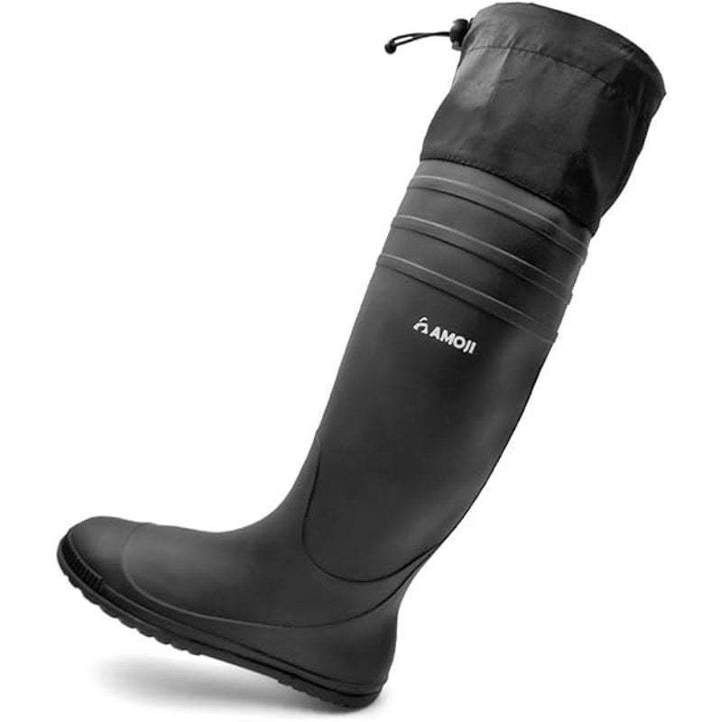 Amoji Mens Size 8 Black Foldable Knee High Mud Rubber Farm Fishing Rain Boots