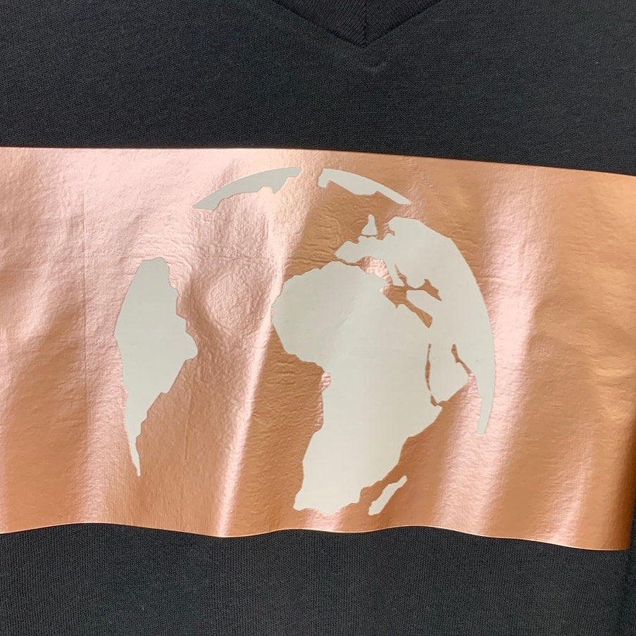 New Upcycled Hand Printed Womens Small Black Save Planet Earth Copper VNeck Tee