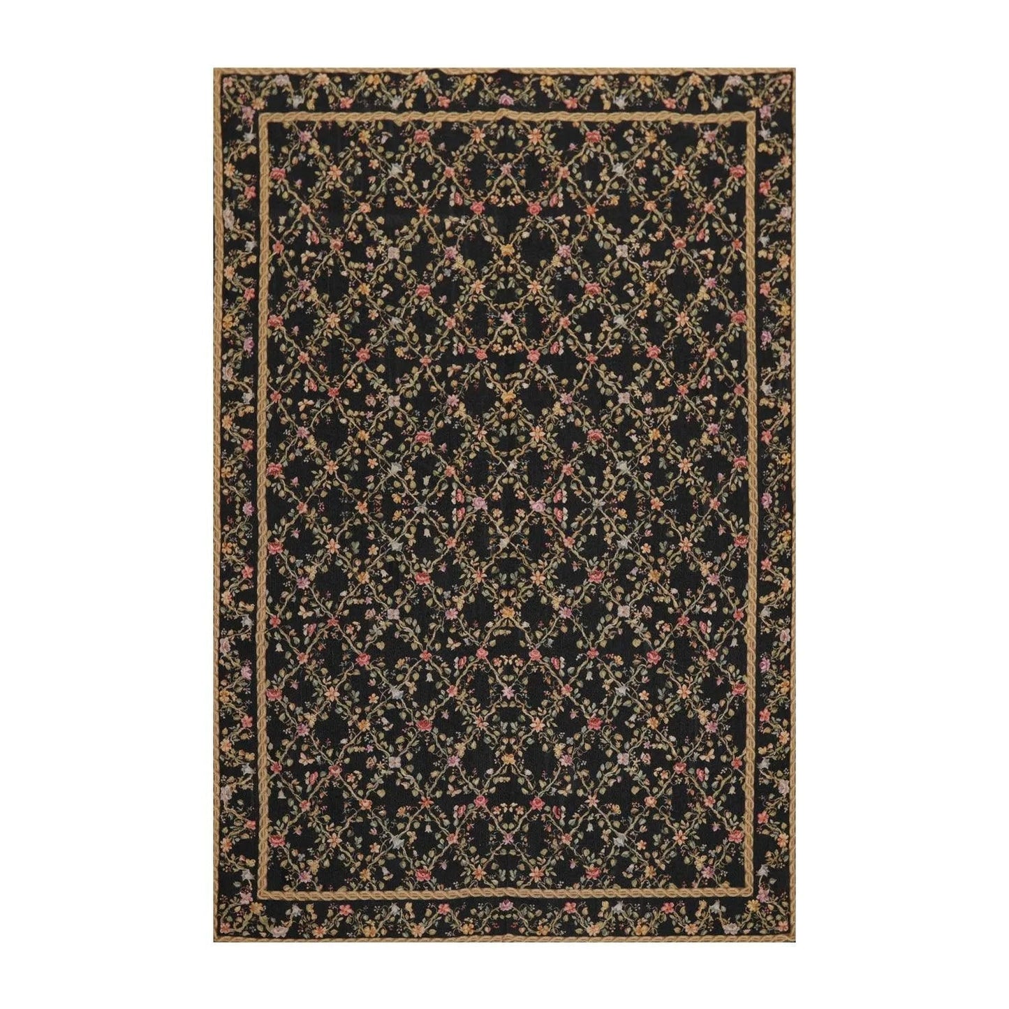 6x9 Black Hand Woven Wool French Aubusson Needlepoint Flat pile Oriental Area Rug-0