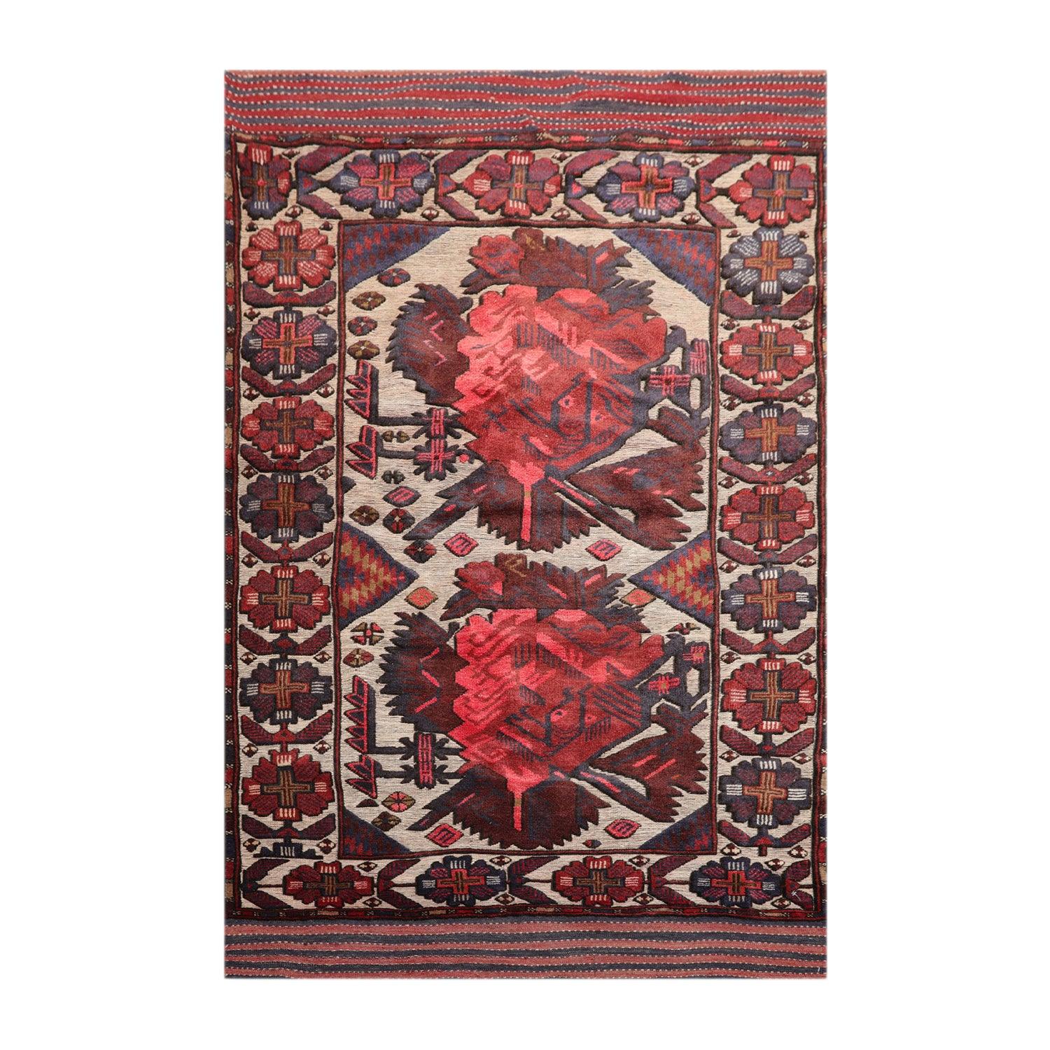 4'2" x 6'4" Antique Hand Knotted Wool High low Pile Oriental Area Rug Beige-0