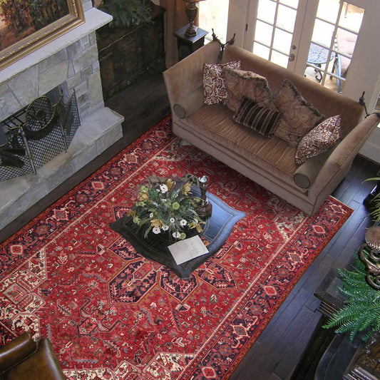 9'1" x 13'2" Masterpiece Hand Knotted Wool Authentic Herizz Oriental Area Rug Red with Orange Undertones-0