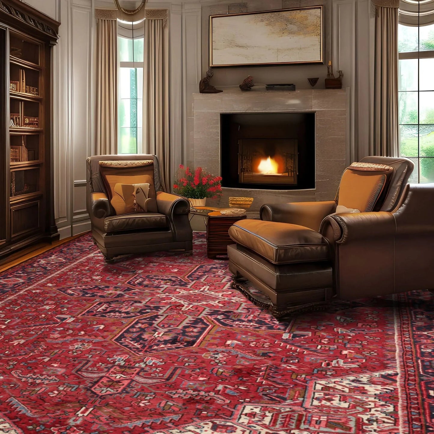9'1" x 13'2" Masterpiece Hand Knotted Wool Authentic Herizz Oriental Area Rug Red with Orange Undertones-1