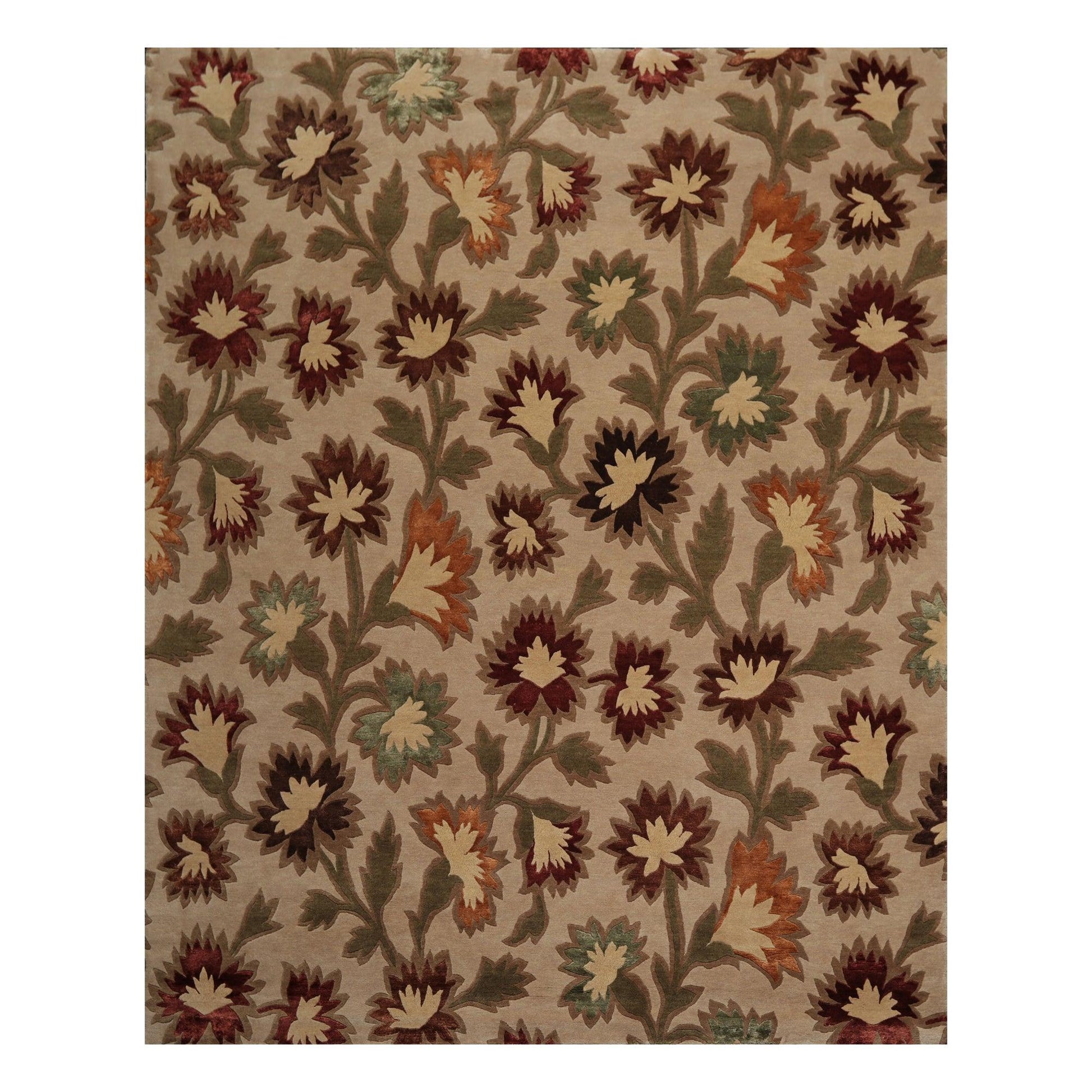 7'11"x9'9" Hand Knotted Floral Wool & Silk Tibetan Oriental Area Rug Beige-0
