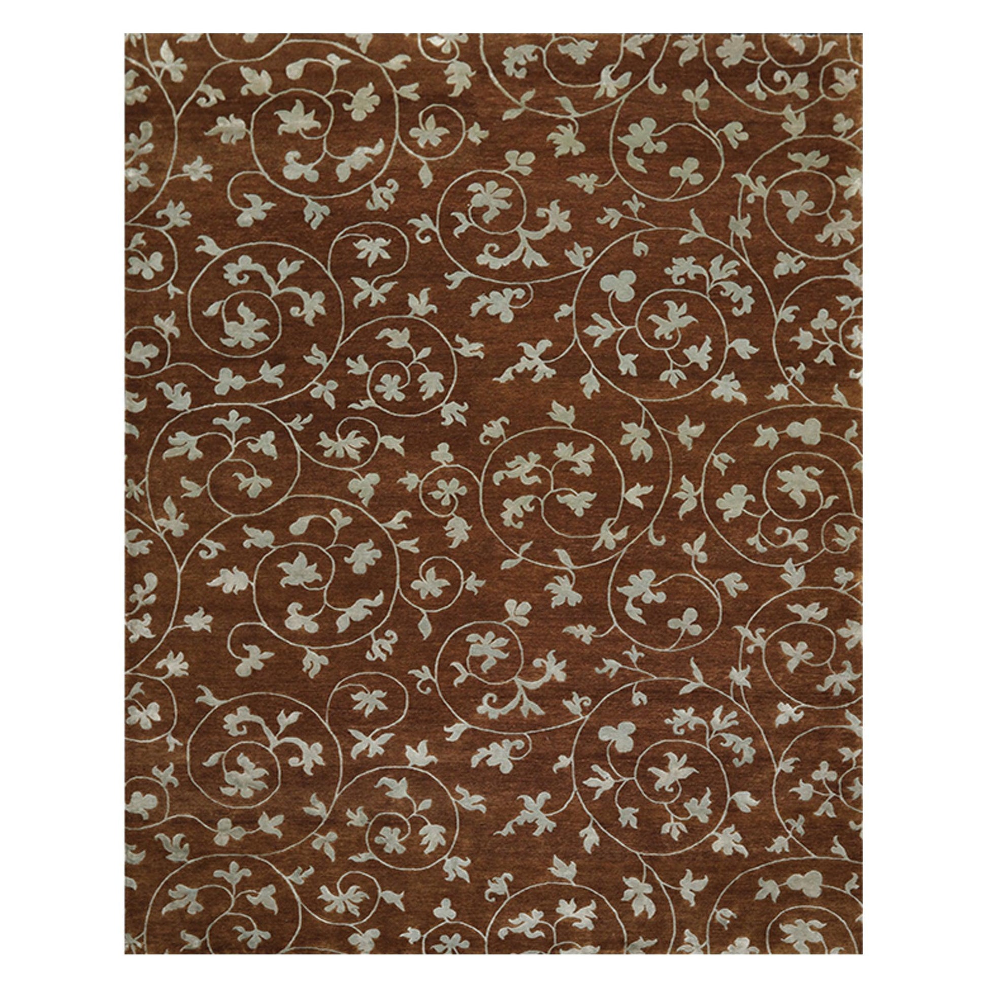 8'1" x 10'10" Hand Knotted Wool & Silk Bold floral Tibetan Area Rug Brown-0