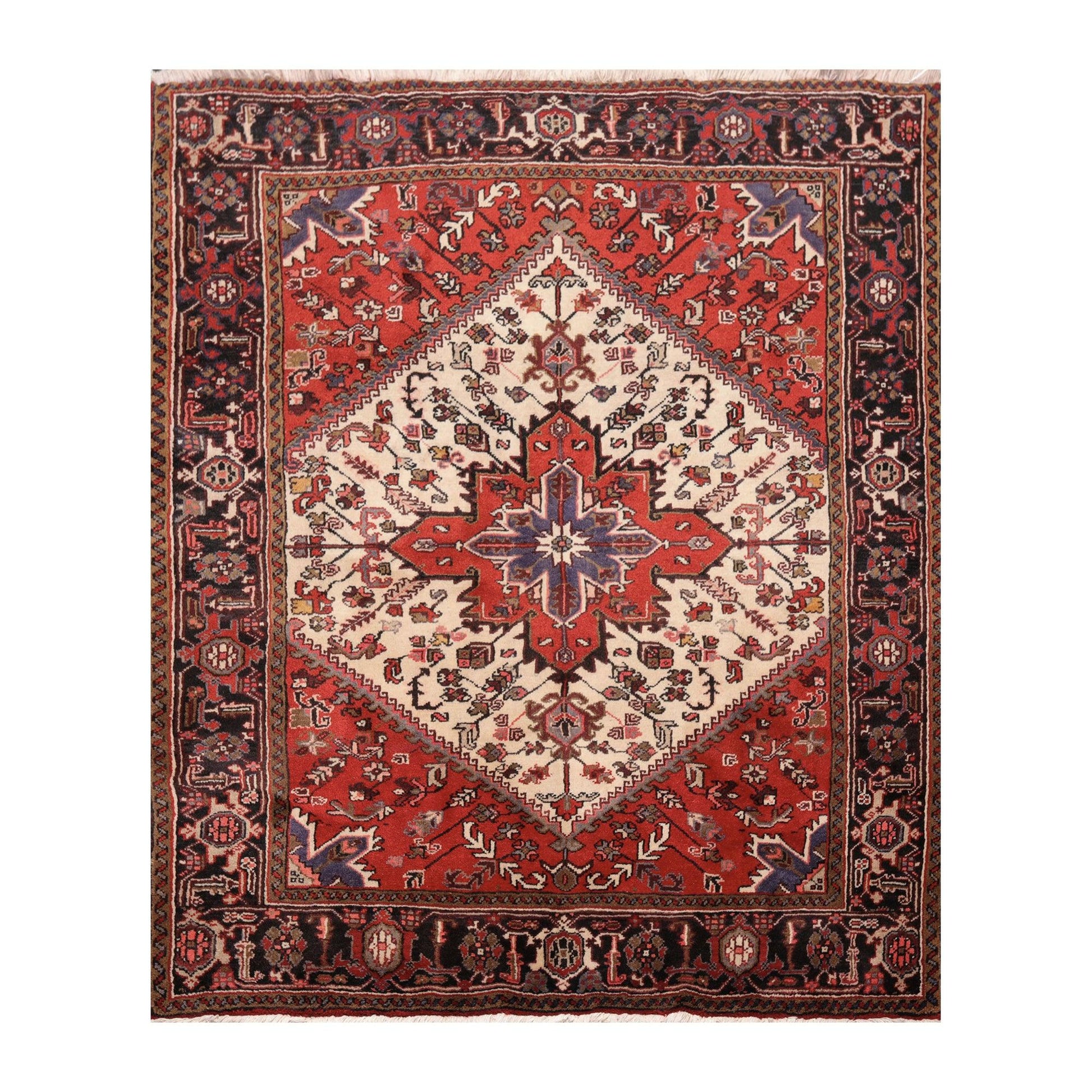 5'3" x 6'4" Hand Knotted Wool Herizz Vegetable dyes Oriental Area Rug Ivory-0