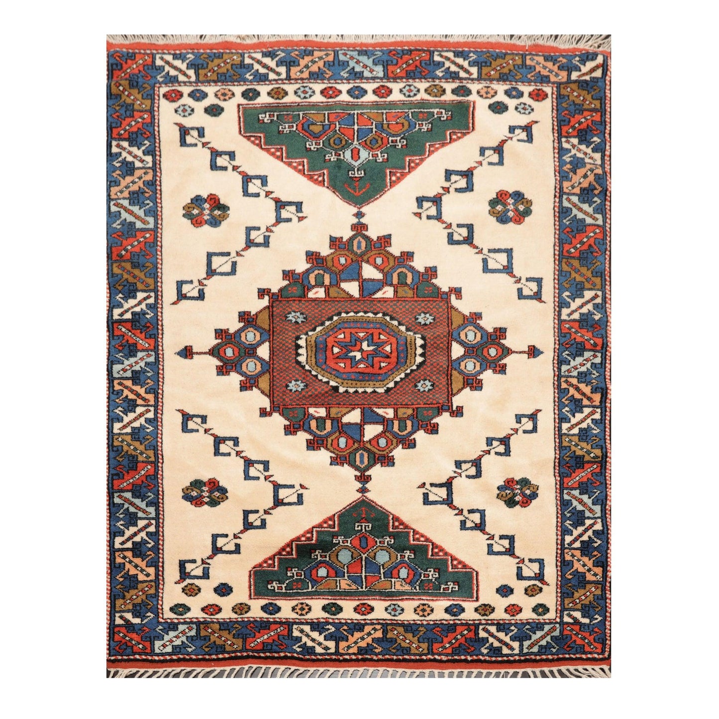 4'7" x 6' Hand Knotted Wool on Wool Tribal Afghan Kazak Veg Dyes Area Rug Ivory-0