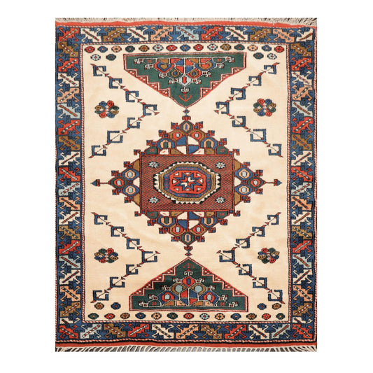4'7" x 6' Hand Knotted Wool on Wool Tribal Afghan Kazak Veg Dyes Area Rug Ivory-0