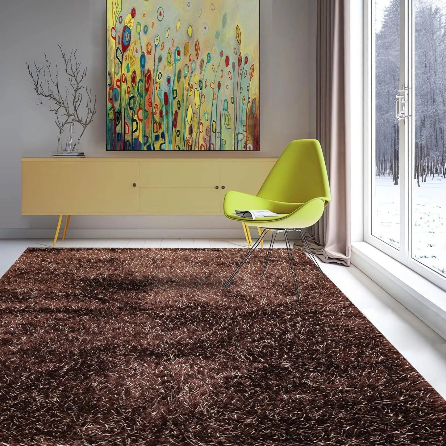 Multi Size Chocolate, White Hand Made Shag Polyester Modern Oriental Area Rug-0