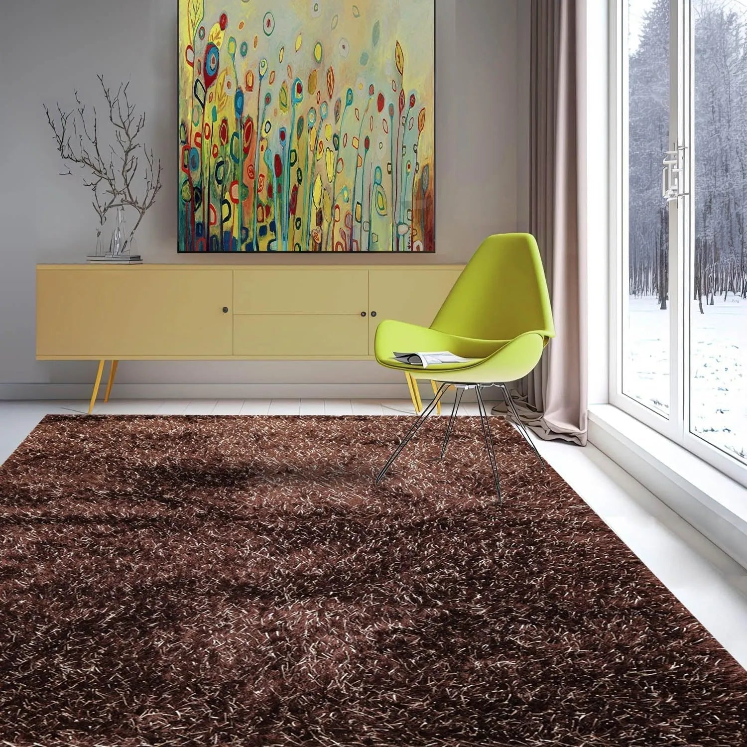 Multi Size Chocolate, White Hand Made Shag Polyester Modern Oriental Area Rug-0