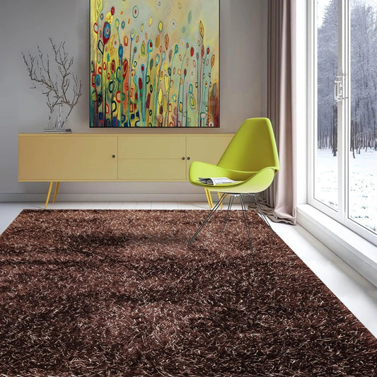 Multi Size Chocolate, White Hand Made Shag Polyester Modern Oriental Area Rug-0
