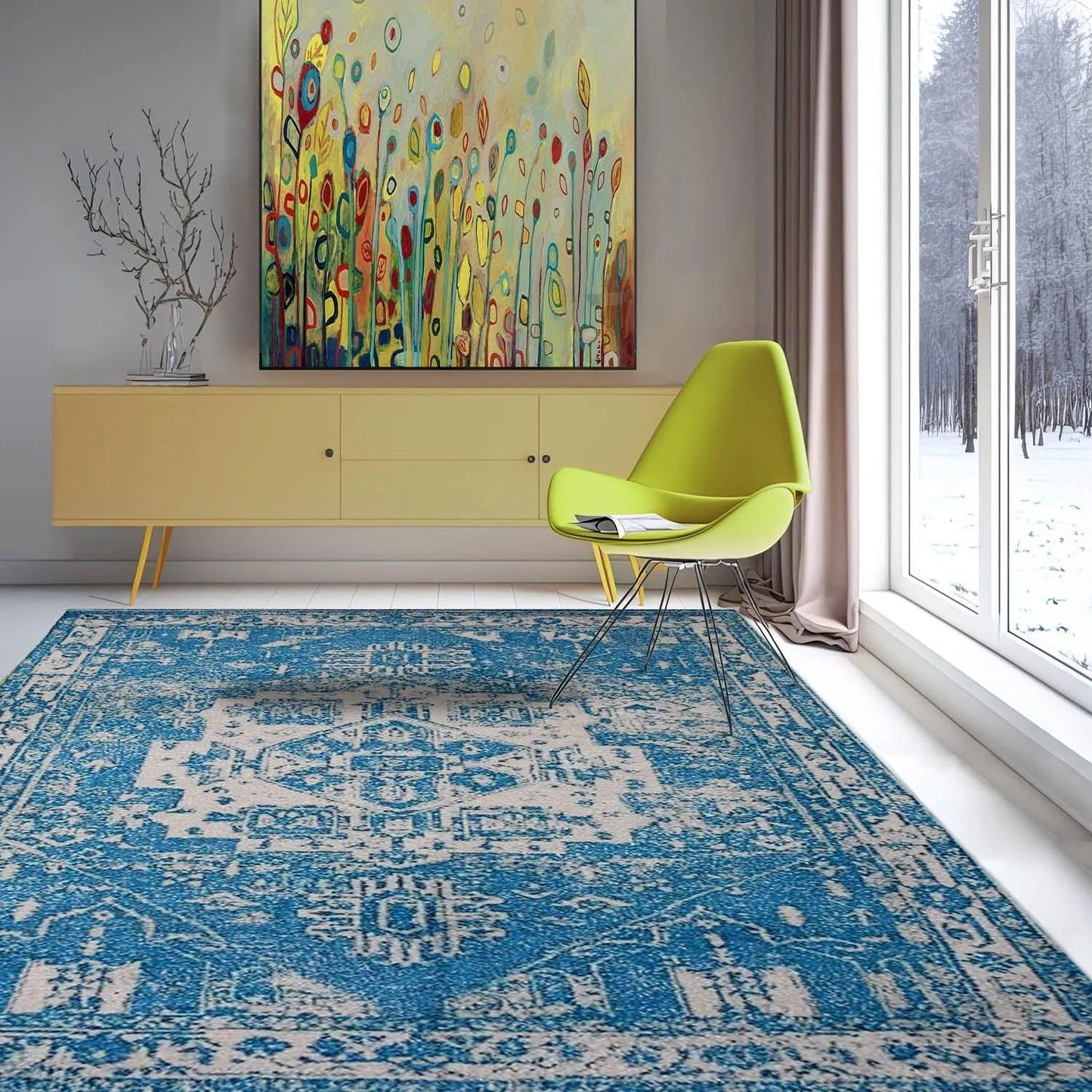 Multi Sizes Handmade Micro Printed Polyester Traditional Oriental Area Rug Blue, White Color-0