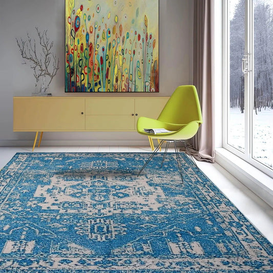 Multi Sizes Handmade Micro Printed Polyester Traditional Oriental Area Rug Blue, White Color-0