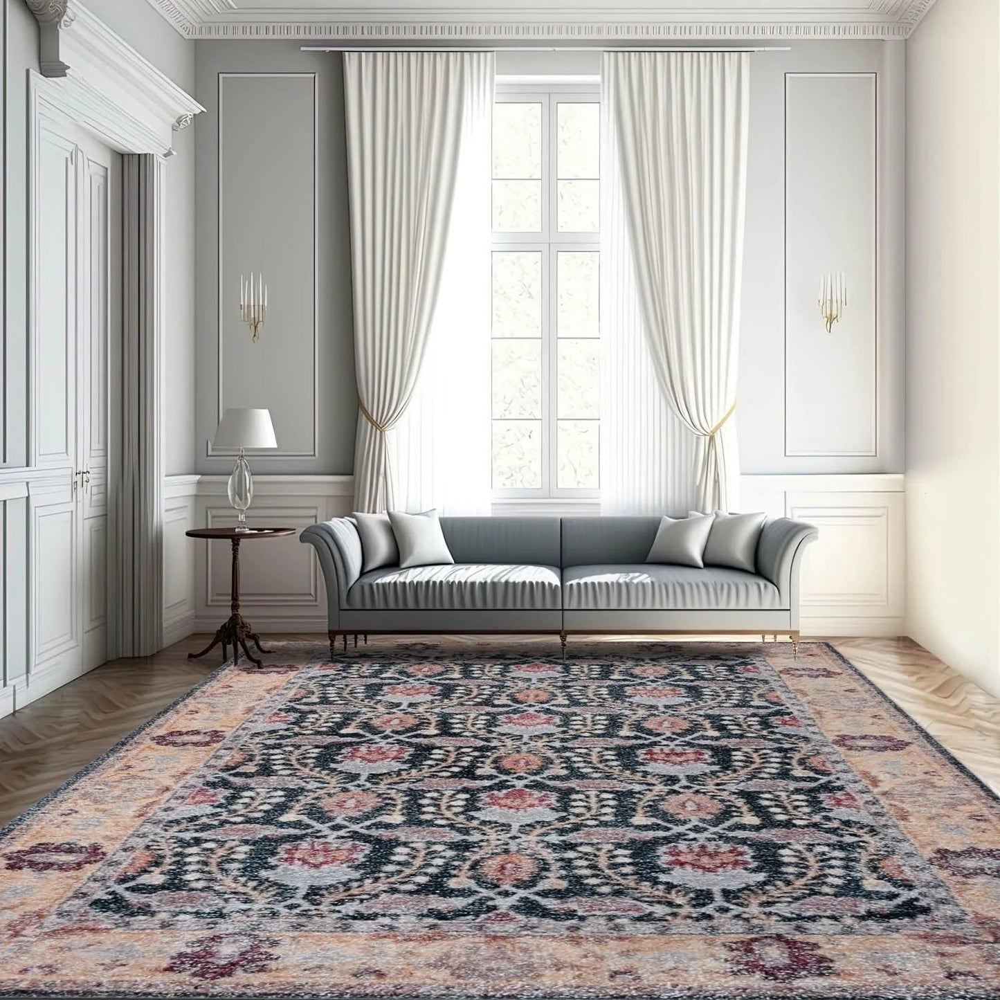 Multi Sizes Micro Printed Hand Woven Polyester Oriental Area Rug Charcoal, Peach Color-0