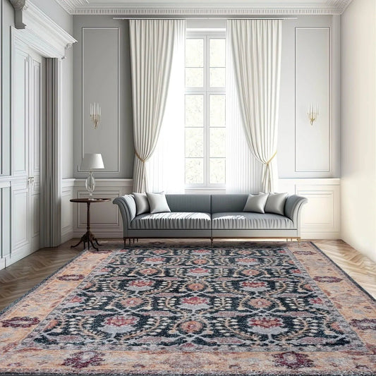 Multi Sizes Micro Printed Hand Woven Polyester Oriental Area Rug Charcoal, Peach Color-0