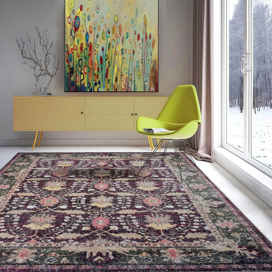 Multi Size Handmade Hand Woven Micro Printed Victoria Polyester Traditional Oriental Area Rug Purple, Brown Color-0