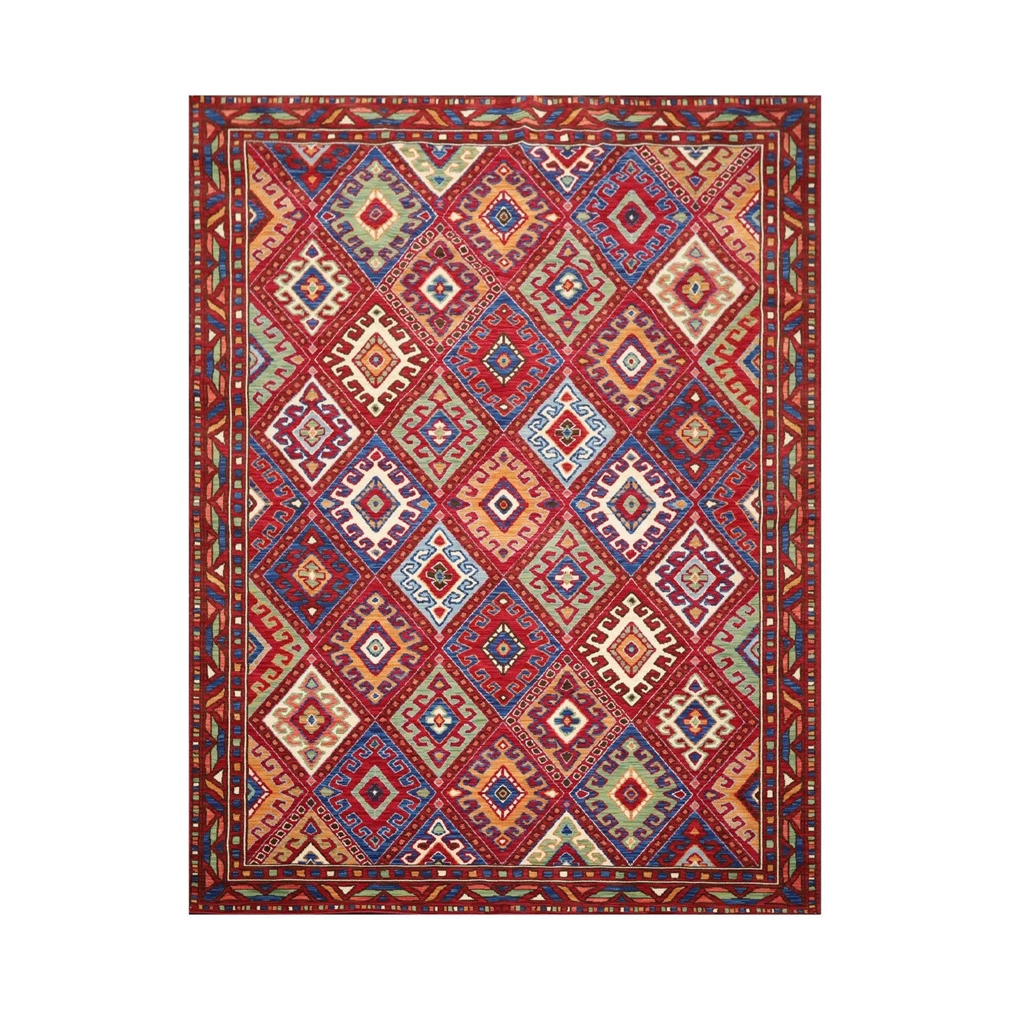 8 x 11 Geometric Panel Style Wool Area Rug Red Made in USA-0