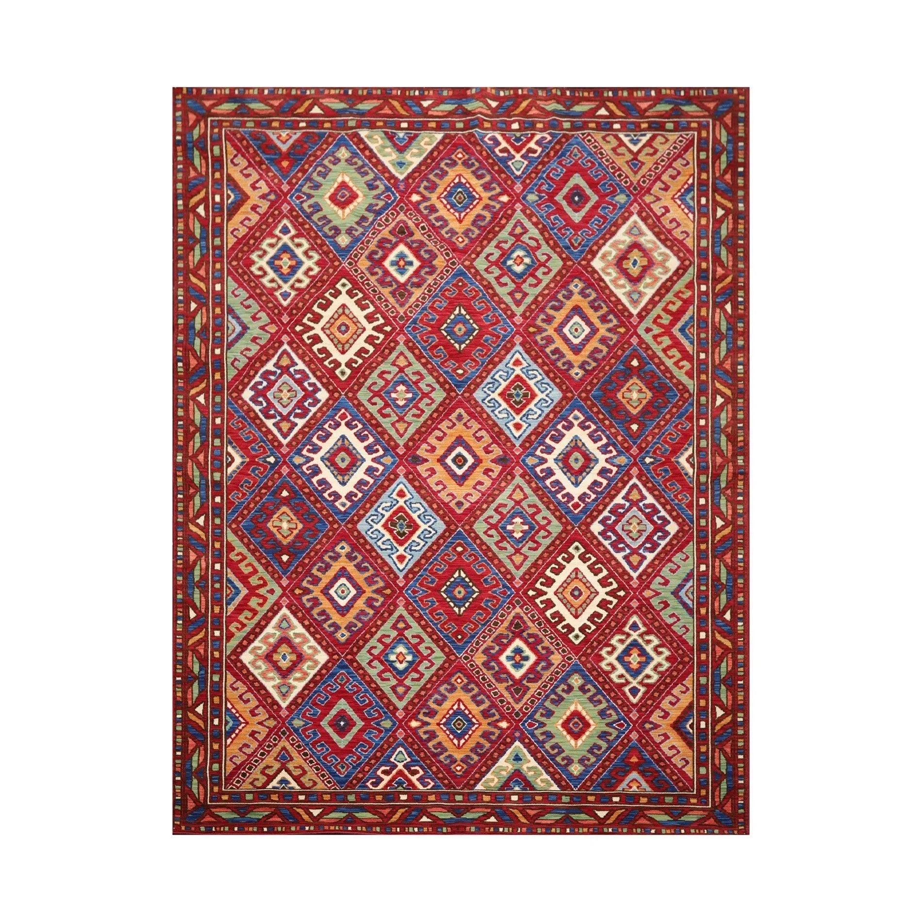 8 x 11 Geometric Panel Style Wool Area Rug Red Made in USA-0