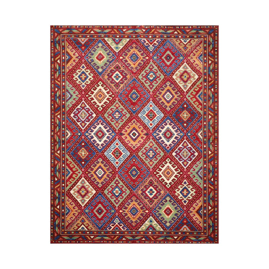 8 x 11 Geometric Panel Style Wool Area Rug Red Made in USA-0