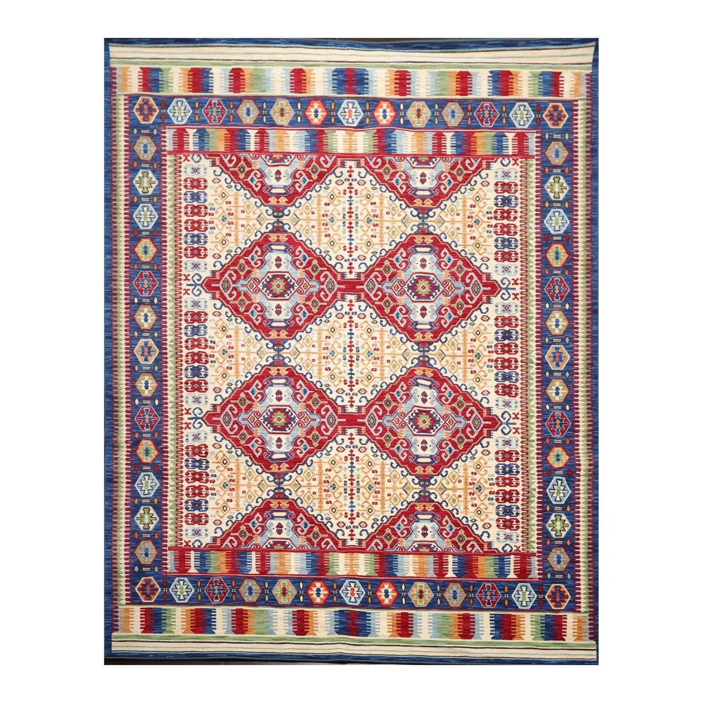 8 x 11 Geometric Panel Style Wool Area Rug Ivory Made in USA-0