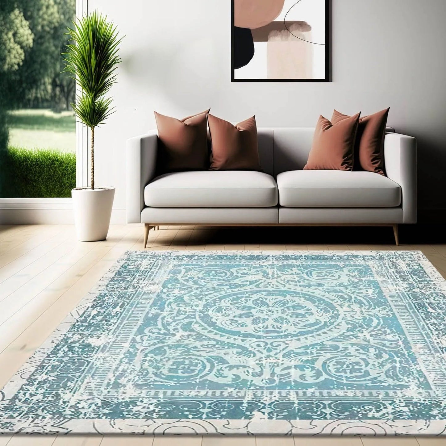Multi Sizes Aqua, Beige Machine Made Modern & Contemporary Velvety Soft Pile Tibetan Oriental Area Rug-0