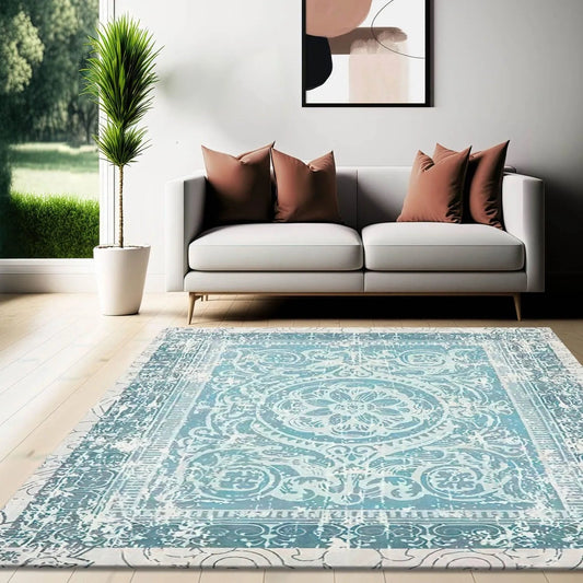 Multi Sizes Aqua, Beige Machine Made Modern & Contemporary Velvety Soft Pile Tibetan Oriental Area Rug-0