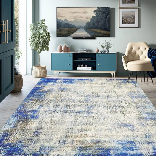 Multi Sizes Beige, Royal Blue Bastian Modern & Contemporary Velvety Soft Pile Oriental Area Rug-0