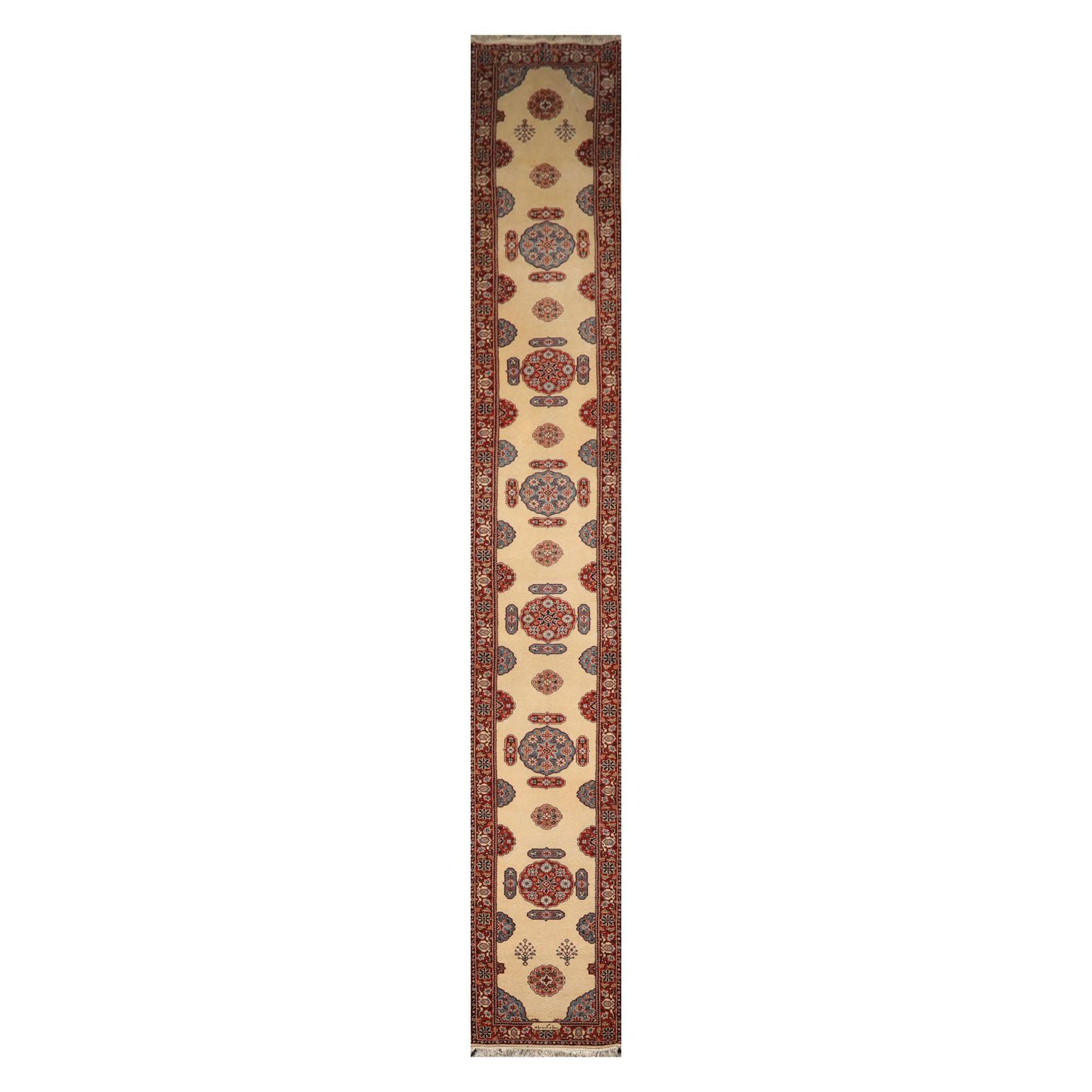 2'7" x 17'9" Palace Hand Knotted Wool Romanian Bidjaar Oriental Area Rug Ivory-1