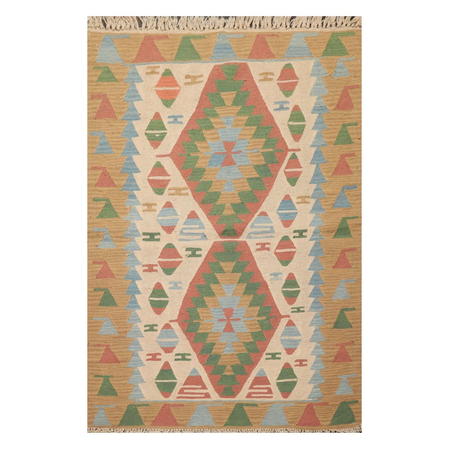 3'9" x 5'2" Hand Woven 100% Wool Southwestern Turkish Kilim Area Rug Beige-0