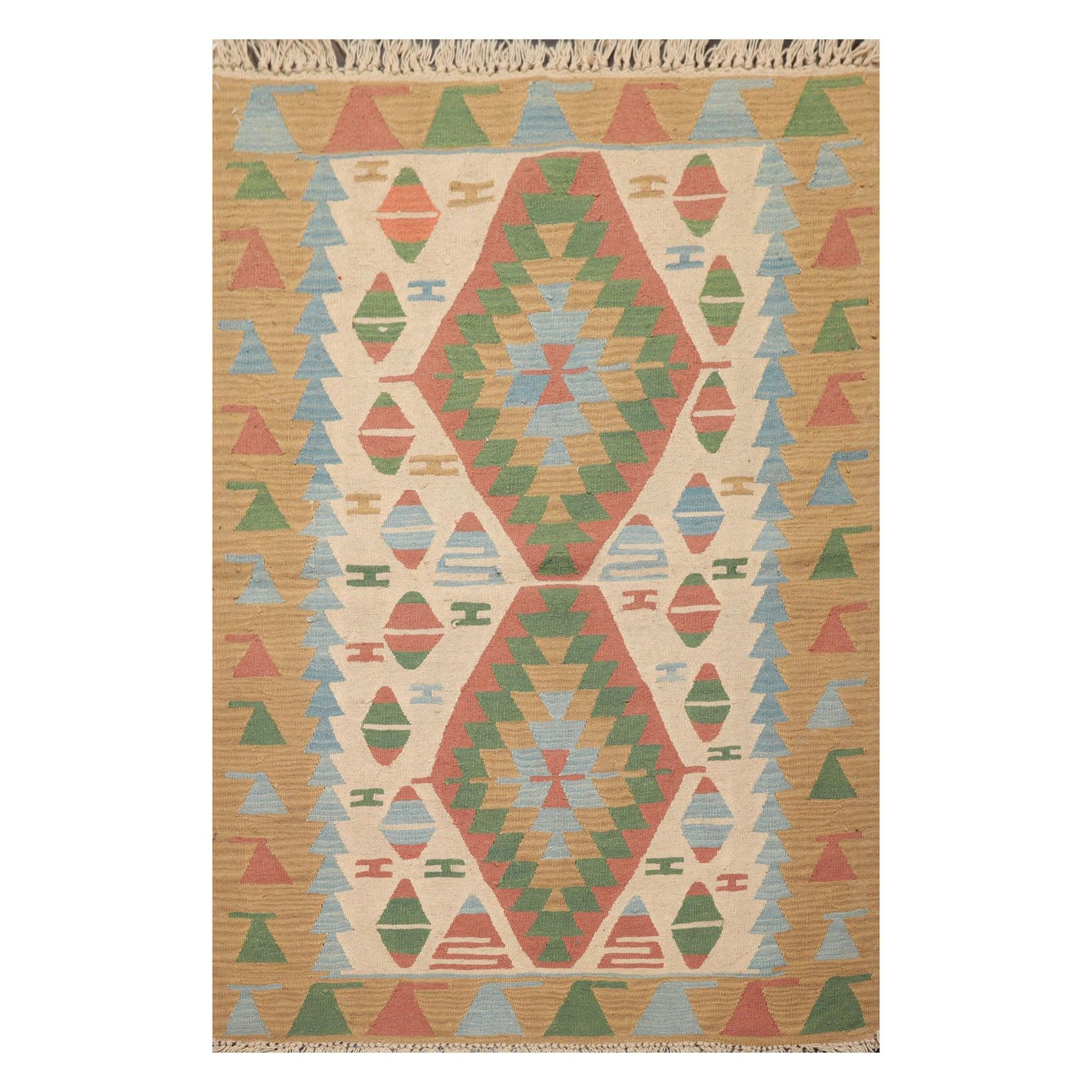 3'9" x 5'2" Hand Woven 100% Wool Southwestern Turkish Kilim Area Rug Beige-0