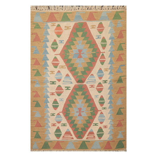 3'9" x 5'2" Hand Woven 100% Wool Southwestern Turkish Kilim Area Rug Beige-0