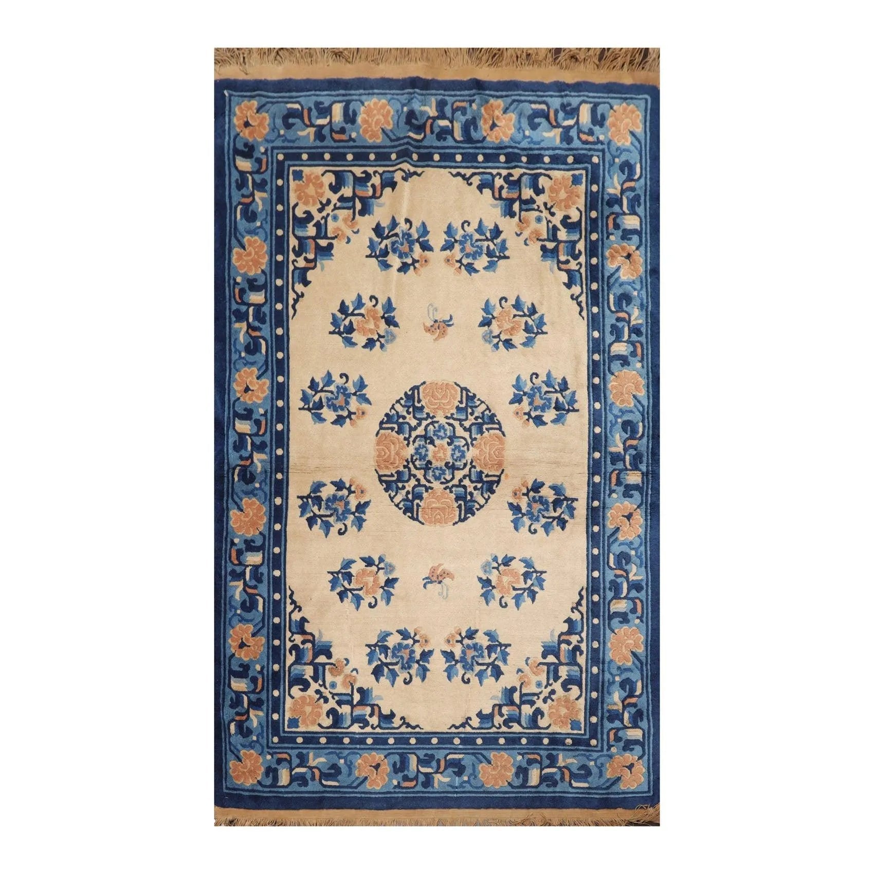 4' x 6' Vintage Hand Knotted Wool Chinese Art Deco Oriental Area Rug Beige-1