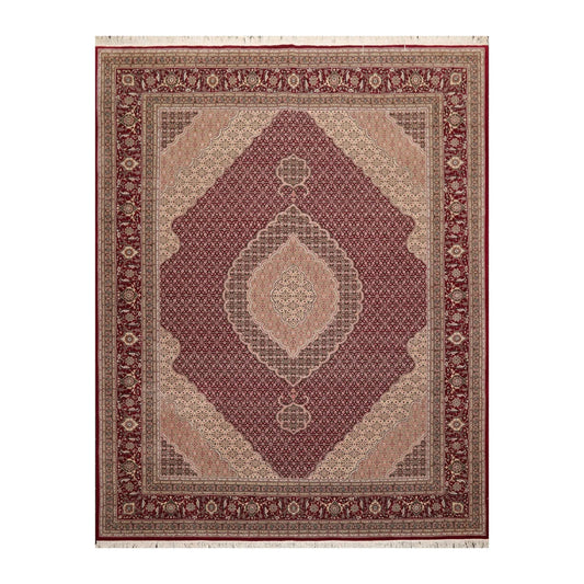 8x10 Red, Beige Hand Knotted Wool and Silk Fish Mahi Traditional 250 KPSI Oriental Area Rug-0