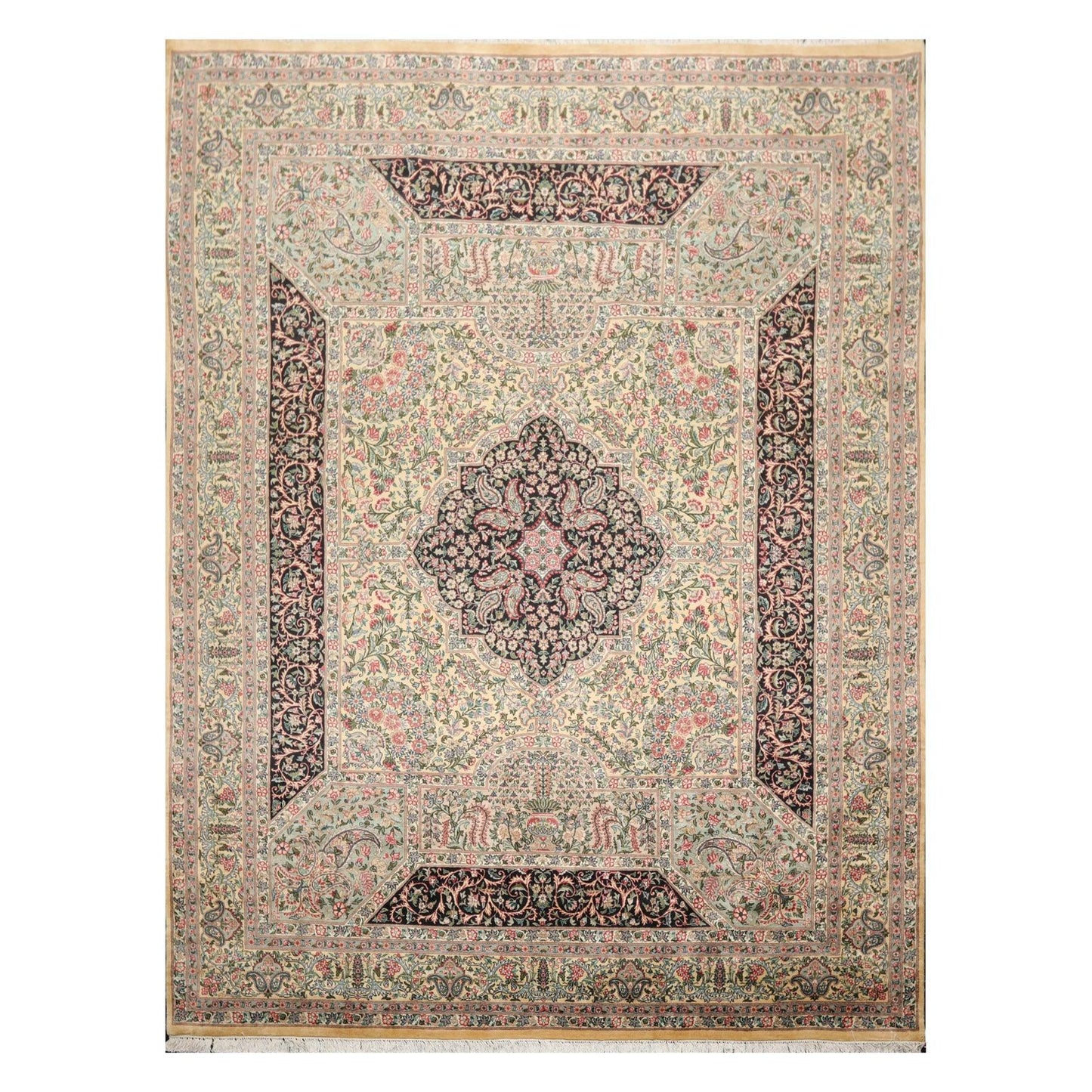 8'1"x 10'3" Hand Knotted Wool PakPersian 300 KPSI Area Rug Ivory Black Aqua-0