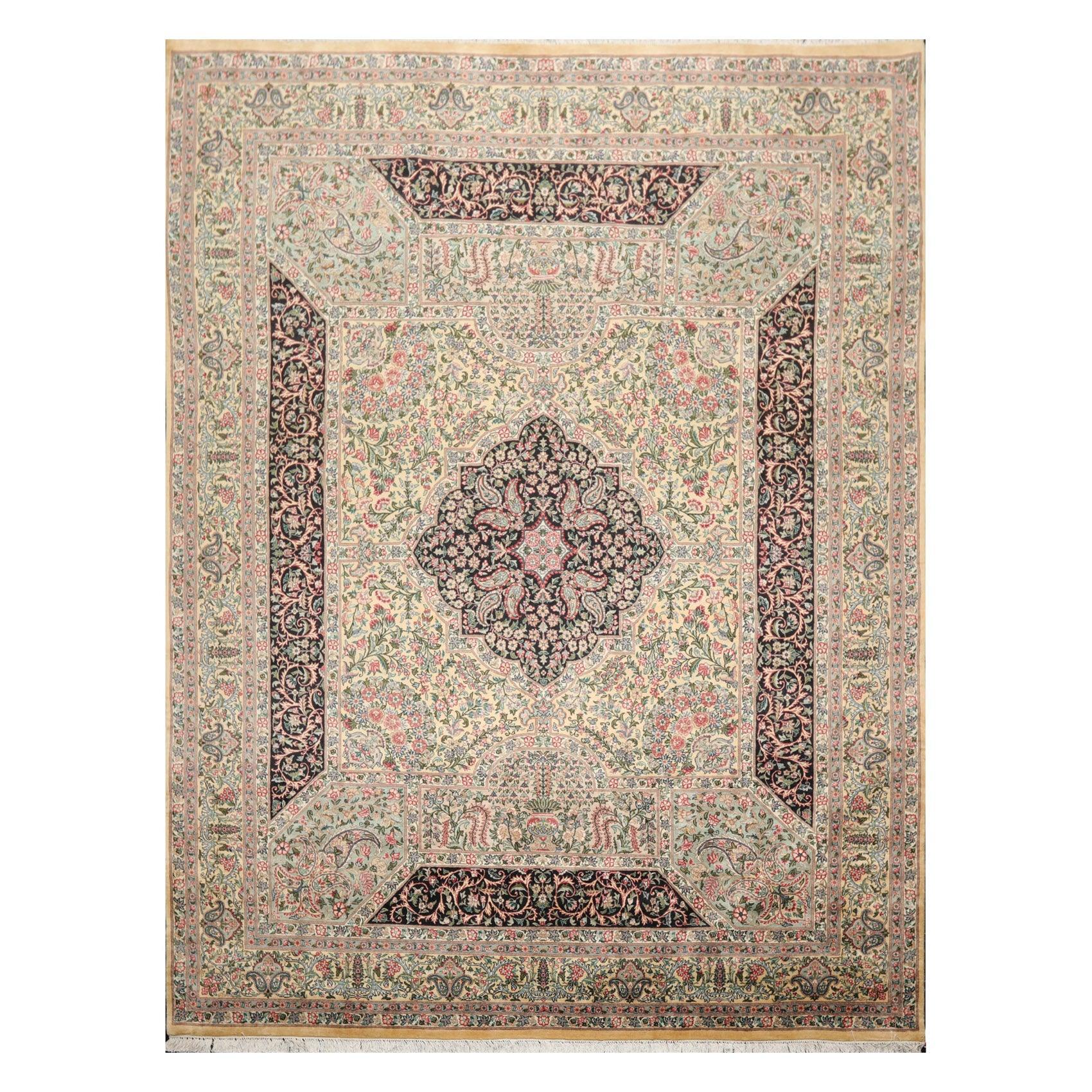 8'1"x 10'3" Hand Knotted Wool PakPersian 300 KPSI Area Rug Ivory Black Aqua-0