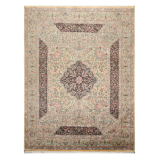 8'1"x 10'3" Hand Knotted Wool PakPersian 300 KPSI Area Rug Ivory Black Aqua-0